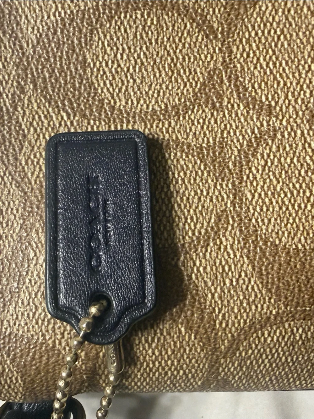 Coach Khaki Signature Wristlet with Teal and Black Stripes